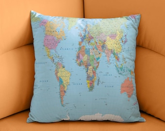 Federa per cuscino con mappa del mondo, decorazione geografica, cuscino didattico, arte cartografica, decorazione geografica, decorazione internazionale, decorazione per ufficio in casa
