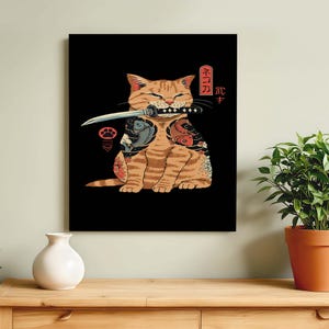 Samurai Cat, Japanese Art, Warrior Cat, Tattoo Cat, Ninja Cat, Katana Art, Cool Wall Art, Anime Canvas, Manga Decor, Japan Style, Anime Art