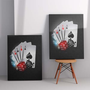 Kasino-Wand-Kunst, Poker-Karten, Würfel-Kunst, Glücksspiel-Dekor, Las Vegas Vibes, schwarzer und roter Spielraum-Druck, Luxus-Kasino-Kunst