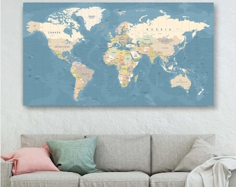 World Map Canvas, Large Wall Map Print, Educational Map, Geographical Art, Classroom Office Decor, Adventure Gift, Detailed Political Map
