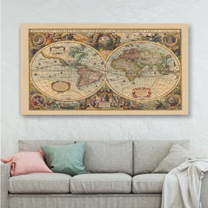 Toile de carte du monde d'aspect ancien, cartographie, géographie historique, navigation dans l'ancien monde, décoration d'explorateur classique, esthétique académique intemporelle