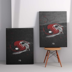 Japanese Koi Yin Yang Canvas Art, Samurai Wall Decor, Zen Minimalist Painting, Red and Black Fish, Oriental Home Aesthetic, Koi Fish