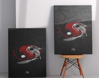 Japansk Koi Yin Yang-kanvastavla, samurajväggdekor, zenminimalistisk målning, röd och svart fisk, orientalisk hemestetik, koifisk