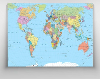 World Map Canvas, Large Wall Map Print, Educational Map Poster,Travel Decor, Geographical Art, Classroom, Office Decor, Adventure Gift