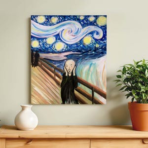 Könnte beinhalten: Ein Gemälde von Der Schrei von Edvard Munch, mit einem wirbelnden blauen und gelben Sternenhimmel im Hintergrund. Die Figur im Vordergrund ist eine Person mit den Händen vor dem Gesicht, die schreit.