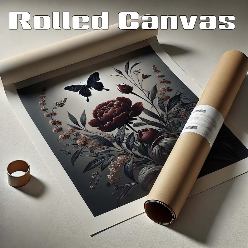 May include: A rolled canvas print featuring a dark floral illustration with a black butterfly and red flowers. The canvas is rolled up and secured with a brown cardboard tube.