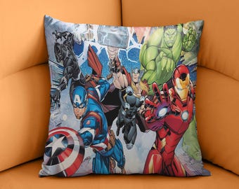 Superhero Pillow Cover, Double Sided Cushion Case, Comic Book Gift,Kids Room Decor, Heroic Home Accent, Captain America Pillow,Iron Man Gift