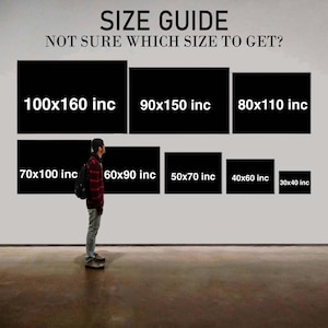 May include: Size guide for printed art prints. The guide shows different sizes in inches, including 100x160, 90x150, 80x110, 70x100, 60x90, 50x70, 40x60, and 30x40.