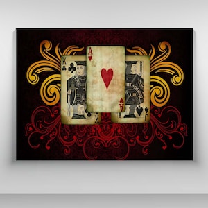 Tela da poker da casinò, carte da gioco vintage, asso di cuori, re di fiori, fante di picche, gioco d'azzardo elegante, estetica di Las Vegas, sala da poker