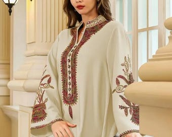 Elegant Geometric-Pattern Embroidered Abaya for Women, Polyester Long-Length H-Line Contour, Loose Fit,for All-Season Woven Muslim Dress