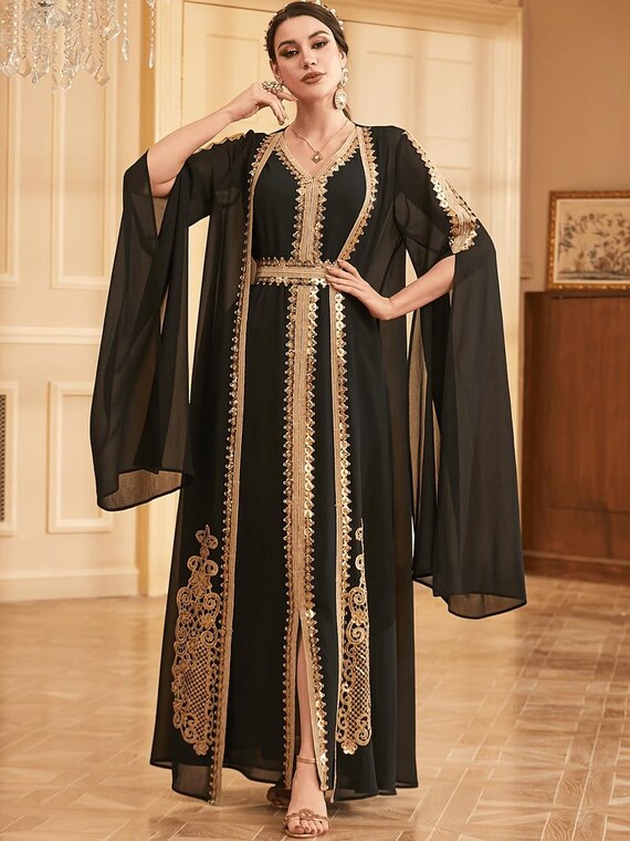 slim fit dress slacks Saloni | Venyx Long Rib Cardigan Dress in Black Gold | Xs