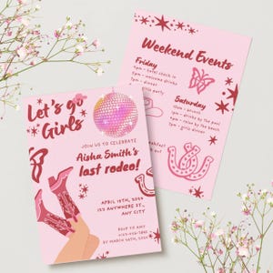 Modèle de carte Invitation week-end EVJF rose dernier rodéo Modèle de carte modifiable en téléchargement recto verso Invitation de mariage Style cow-boy pour filles Plan d'activités