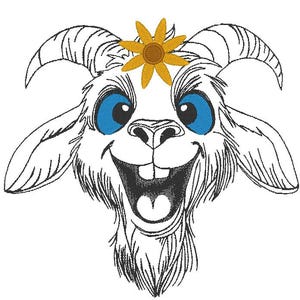Puede incluir: Una cabra de dibujos animados con una gran sonrisa y ojos azules. La cabra lleva una flor amarilla en la cabeza.