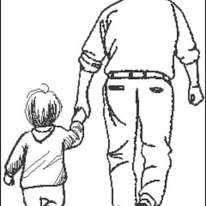 May include: A black and white line drawing of an adult and a child walking hand-in-hand. The adult is wearing a long-sleeved shirt and trousers. The child is wearing a long-sleeved shirt and trousers.