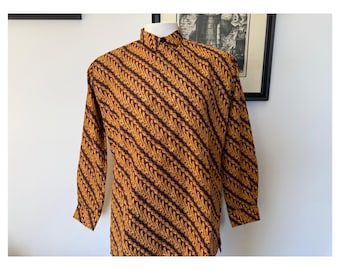 Camicia da uomo a maniche lunghe in batik con motivo parang besar, fodera, bottoni nascosti, vestibilità regolare, formale, taglia XL