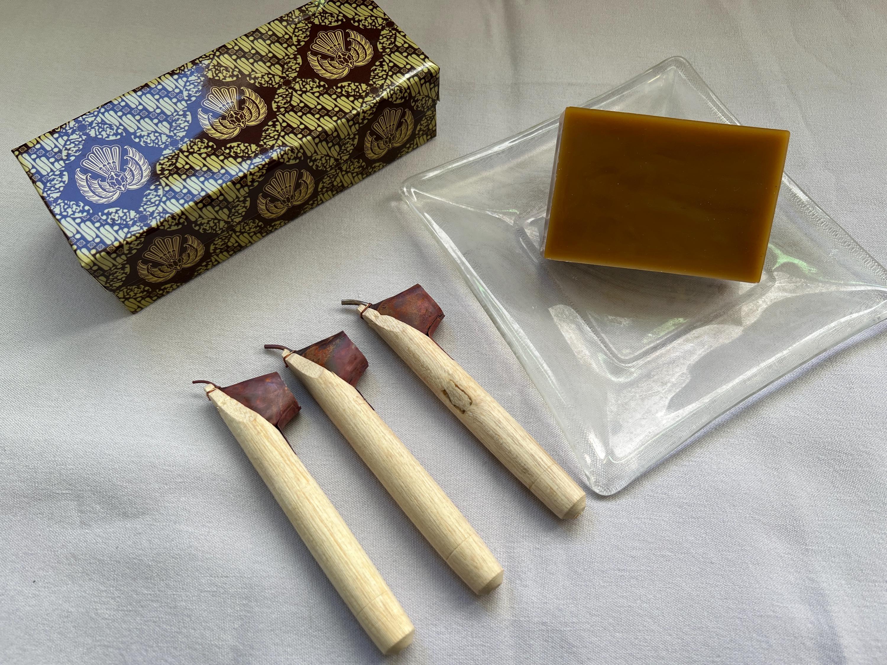Batik pen tjanting set of 3 sizes with one block of traditional batik wax