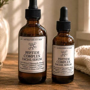 Puede incluir: Dos botellas de vidrio marrón de suero facial Peptide Complex con cuentagotas negros. Las botellas tienen etiquetas blancas con el nombre del producto y los ingredientes. Las botellas están sobre una superficie de madera.