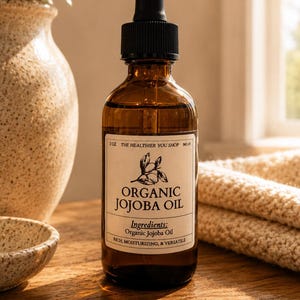 Puede incluir: Una botella de vidrio marrón de Aceite de Jojoba Orgánico con un cuentagotas negro. La etiqueta dice "Organic Jojoba Oil" y enumera los ingredientes. La botella es de 89 ml y está sobre una superficie de madera, con un jarrón y un paño beige doblado en el fondo.