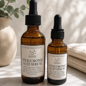 May include: Two amber glass bottles of hyaluronic acid serum with black droppers. The labels read "HYALURONIC ACID SERUM" and list ingredients. The bottles are on a light-colored surface, with a vase and folded towel in the background.