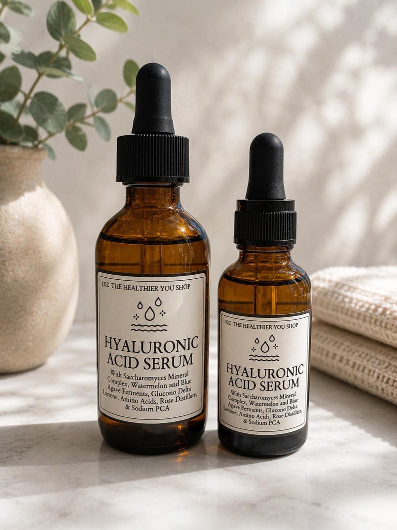 May include: Two amber glass bottles of hyaluronic acid serum with black droppers. The labels read "HYALURONIC ACID SERUM" and list ingredients. The bottles are on a light-colored surface, with a vase and folded towel in the background.