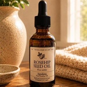 Puede incluir: Una botella de vidrio marr&oacute;n de aceite de semilla de rosa mosqueta con un cuentagotas negro. La etiqueta dice "Rosehip Seed Oil" y enumera los ingredientes. La botella es de 30 ml. El fondo incluye un jarr&oacute;n con vegetaci&oacute;n y una manta beige doblada.
