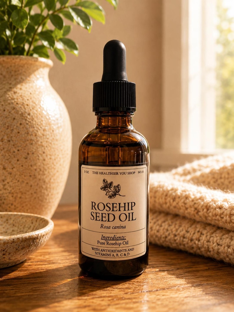 Puede incluir: Una botella de vidrio marr&oacute;n de aceite de semilla de rosa mosqueta con un cuentagotas negro. La etiqueta dice "Rosehip Seed Oil" y enumera los ingredientes. La botella es de 30 ml. El fondo incluye un jarr&oacute;n con vegetaci&oacute;n y una manta beige doblada.