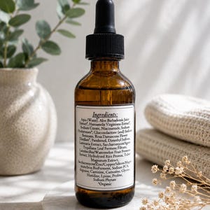 May include: A brown glass bottle with a black dropper, labeled with a white sticker listing ingredients. The bottle sits on a white marble surface, with a vase and greenery in the background. The label reads "Organic".