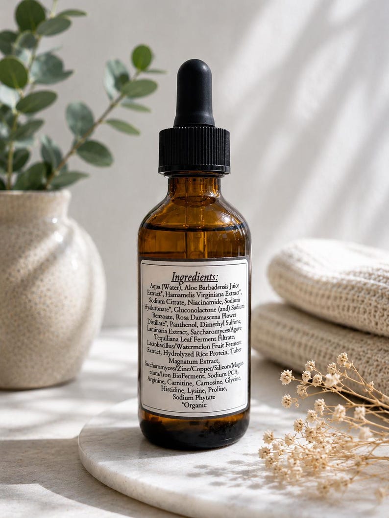 May include: A brown glass bottle with a black dropper, labeled with a white sticker listing ingredients. The bottle sits on a white marble surface, with a vase and greenery in the background. The label reads "Organic".