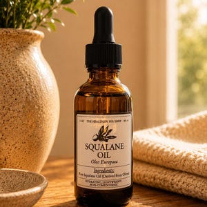 May include: A brown glass bottle of Squalane Oil with a black dropper, labelled with text including "Squalane Oil" and "Oleo Europaea." The bottle is 30 ml and sits on a wooden surface next to a small bowl and a beige vase with greenery.