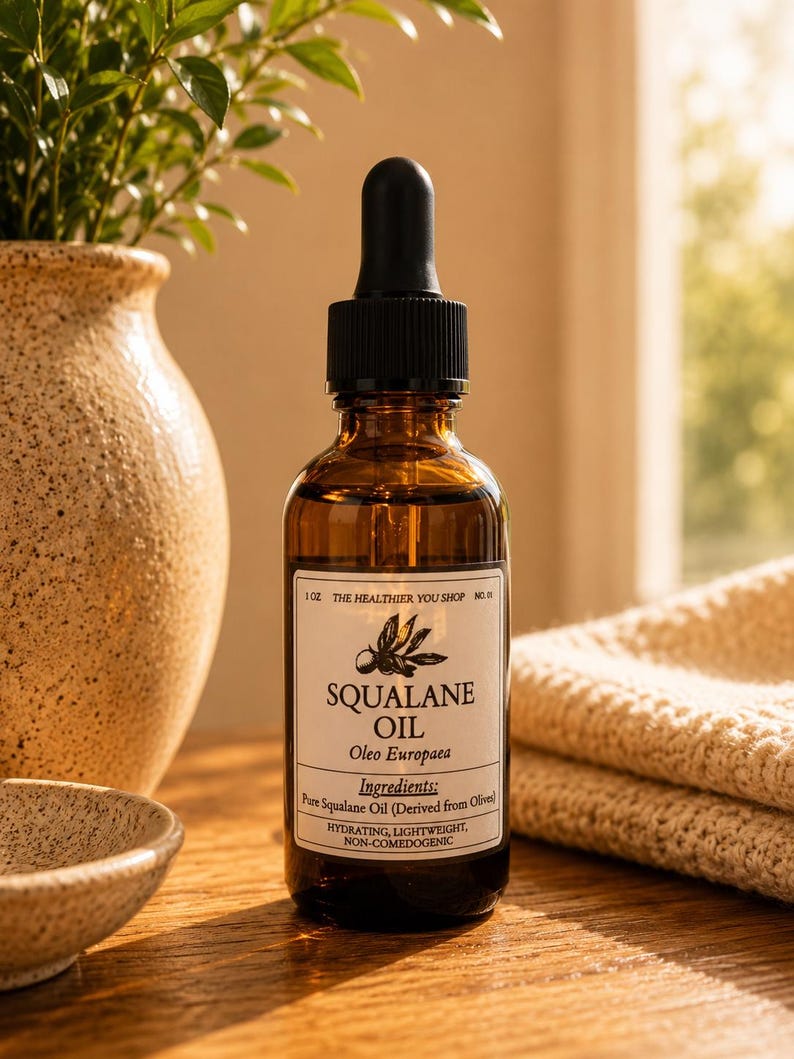 May include: A brown glass bottle of Squalane Oil with a black dropper, labelled with text including "Squalane Oil" and "Oleo Europaea." The bottle is 30 ml and sits on a wooden surface next to a small bowl and a beige vase with greenery.