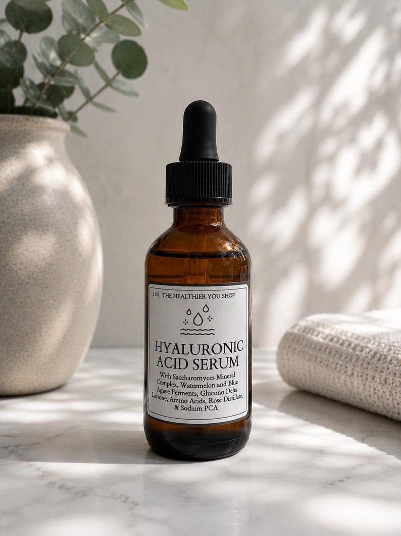 May include: A brown glass bottle of hyaluronic acid serum with a black dropper. The label reads "HYALURONIC ACID SERUM" with a list of ingredients. The bottle is on a white marble surface next to a folded white towel.