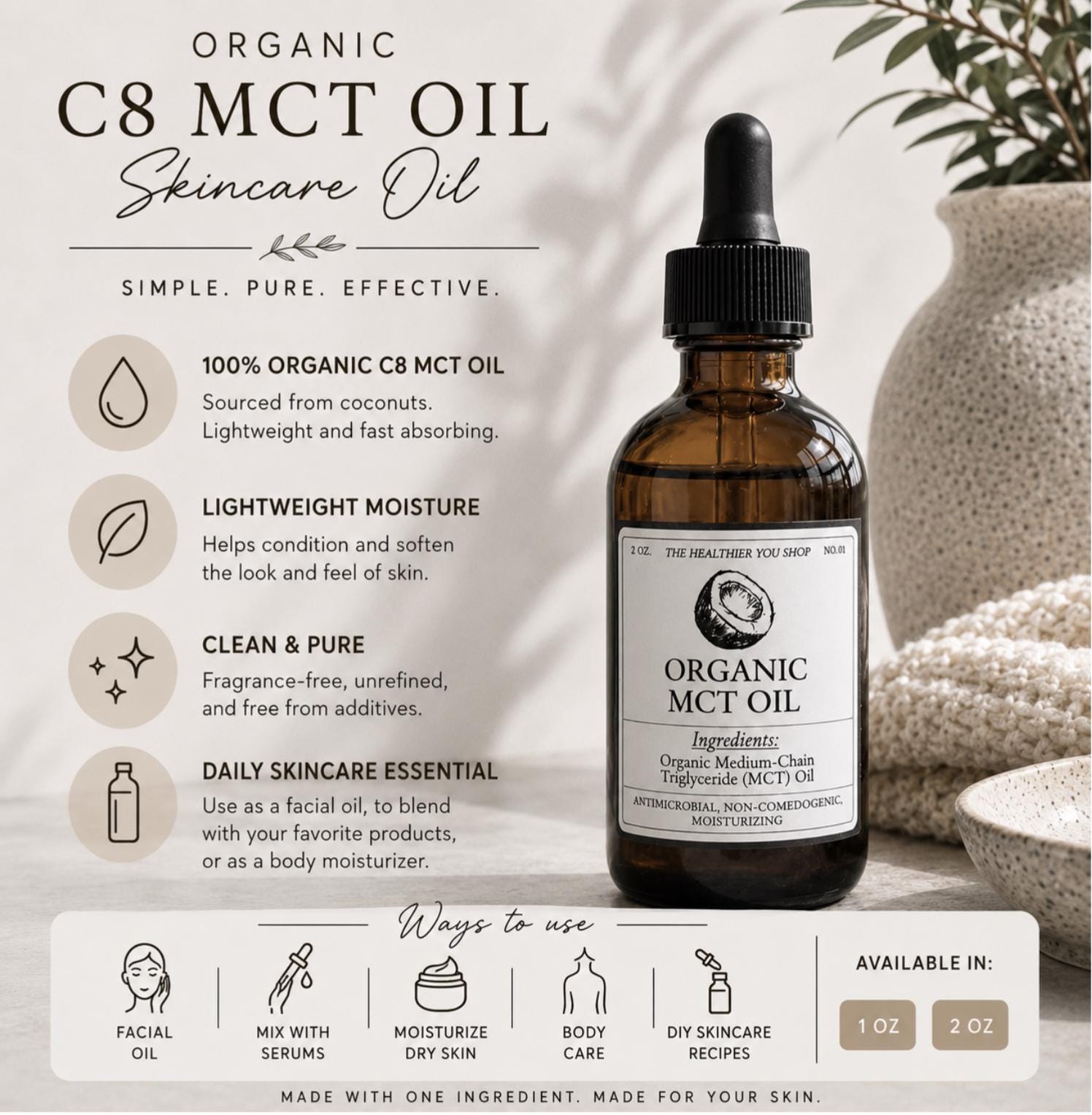Organic C8 MCT Oil | Lightweight Caprylic Acid Non-comedogenic