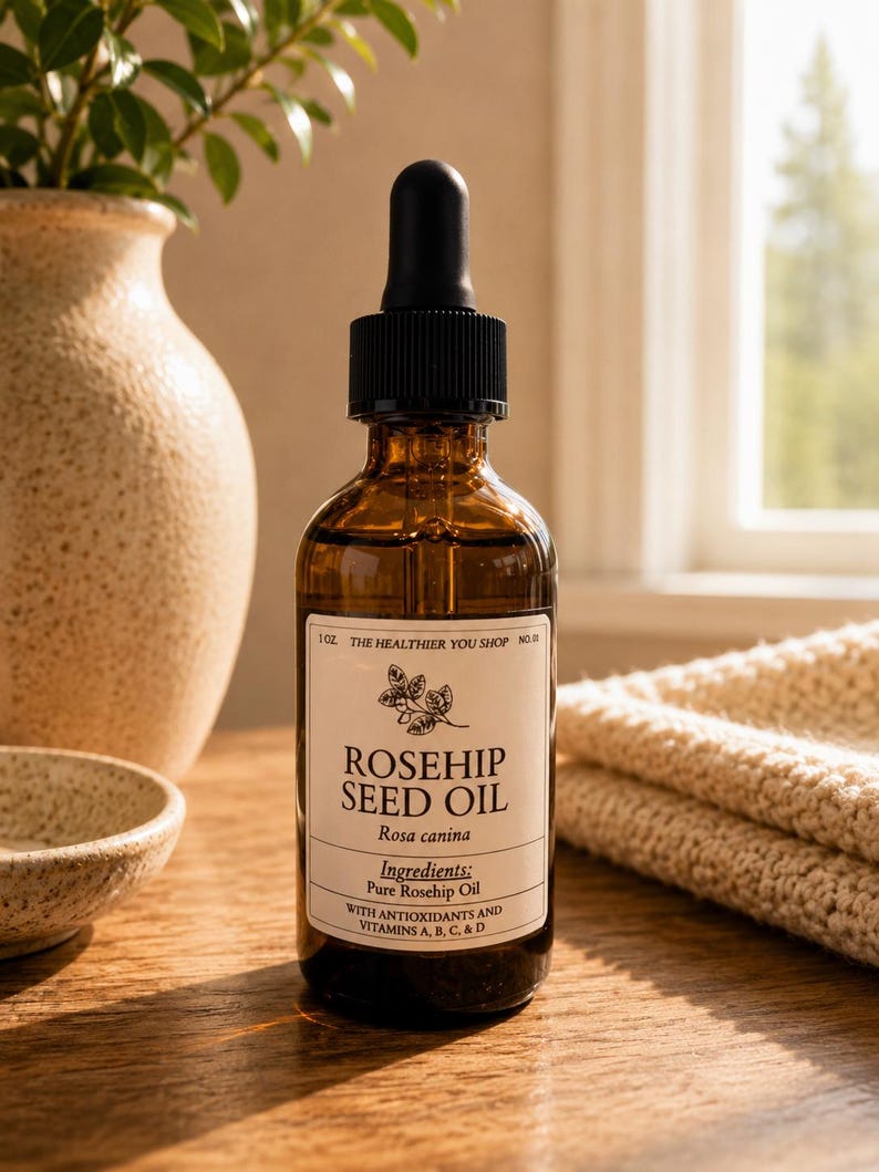 Puede incluir: Una botella de vidrio marr&oacute;n de aceite de semilla de rosa mosqueta con un cuentagotas negro. La etiqueta dice "Rosehip Seed Oil" y enumera los ingredientes. La botella est&aacute; sobre una superficie de madera, con un jarr&oacute;n y una toalla beige doblada en el fondo.