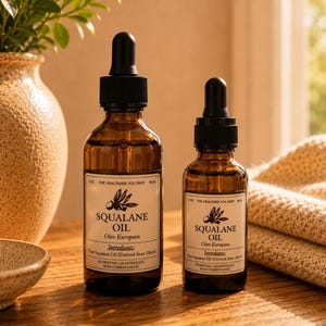 May include: Two amber glass bottles of Squalane Oil with black droppers. The bottles have white labels with text and a sprig of olives. The bottles are on a wooden surface, near a ceramic vase and a small bowl.