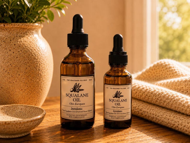 May include: Two amber glass bottles of Squalane Oil with black droppers. The bottles have white labels with text and a sprig of olives. The bottles are on a wooden surface, near a ceramic vase and a small bowl.