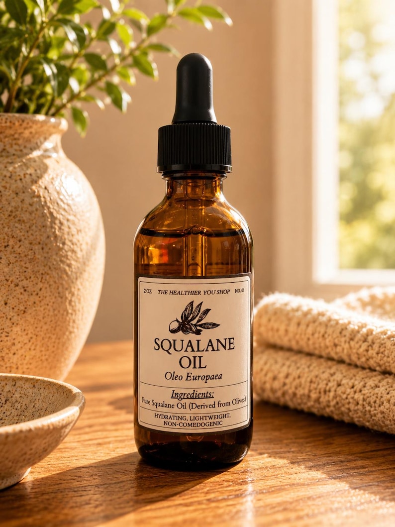 May include: A brown glass bottle of Squalane Oil with a black dropper. The label reads "Squalane Oil Oleo Europaea" and lists ingredients. The bottle is 59 ml. in size. The background includes a vase with greenery and a folded towel.