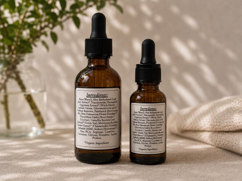 May include: Two amber glass dropper bottles of skincare serum. The bottles have black droppers and white labels with ingredient lists. The larger bottle is approximately 4 inches tall, and the smaller bottle is about 3 inches tall. The text "Organic Ingredients" is visible on the label.