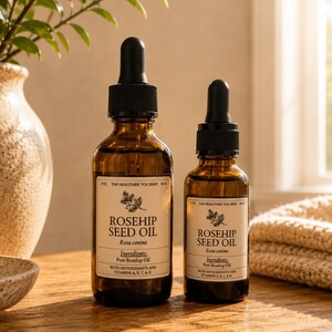 Puede incluir: Dos botellas de vidrio &aacute;mbar de aceite de semilla de rosa mosqueta con cuentagotas negros. Las etiquetas dicen "Rosehip Seed Oil" y enumeran los ingredientes. Las botellas est&aacute;n sobre una superficie de madera, con un jarr&oacute;n beige y una manta beige doblada en el fondo.