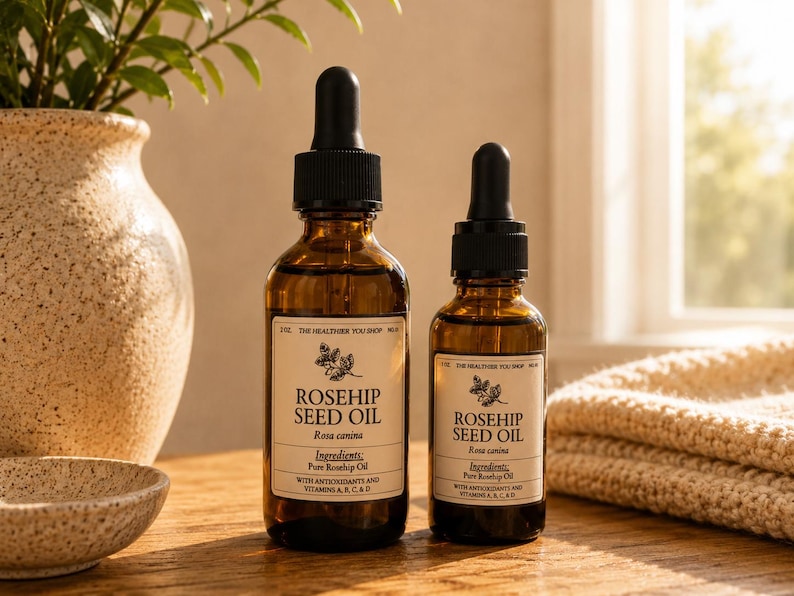 Puede incluir: Dos botellas de vidrio &aacute;mbar de aceite de semilla de rosa mosqueta con cuentagotas negros. Las etiquetas dicen "Rosehip Seed Oil" y enumeran los ingredientes. Las botellas est&aacute;n sobre una superficie de madera, con un jarr&oacute;n beige y una manta beige doblada en el fondo.