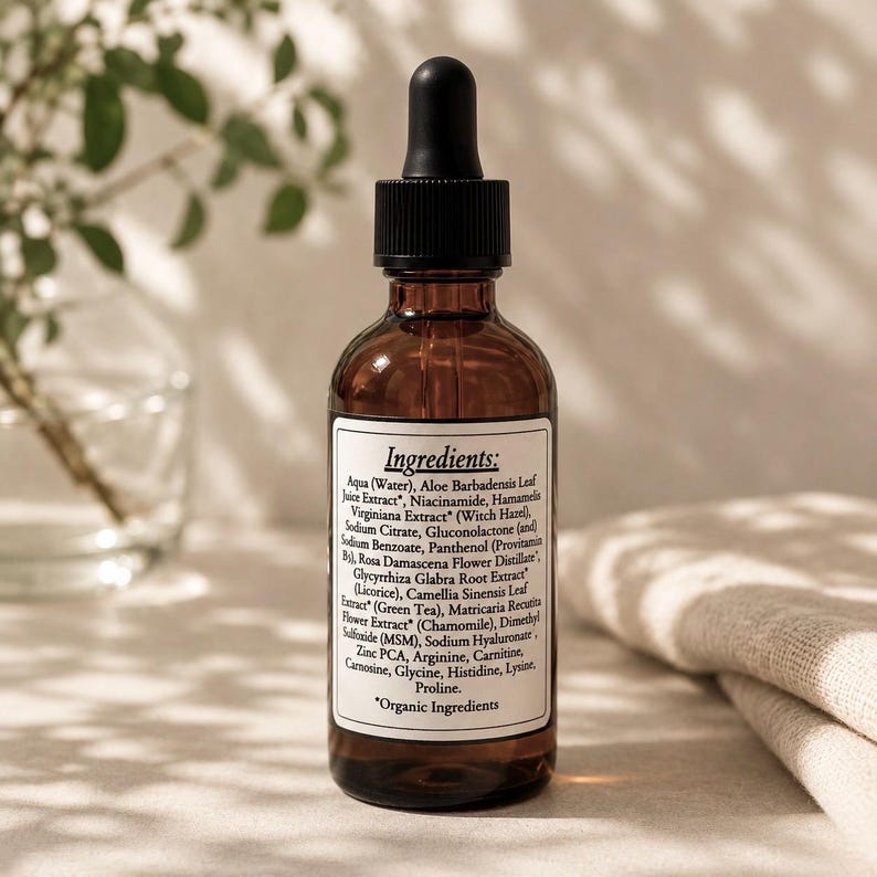 May include: A brown glass bottle with a black dropper, containing a clear liquid. The bottle has a white label with black text listing ingredients, including Aloe Barbadensis Leaf Juice Extract and Niacinamide. The product is likely a skincare serum.
