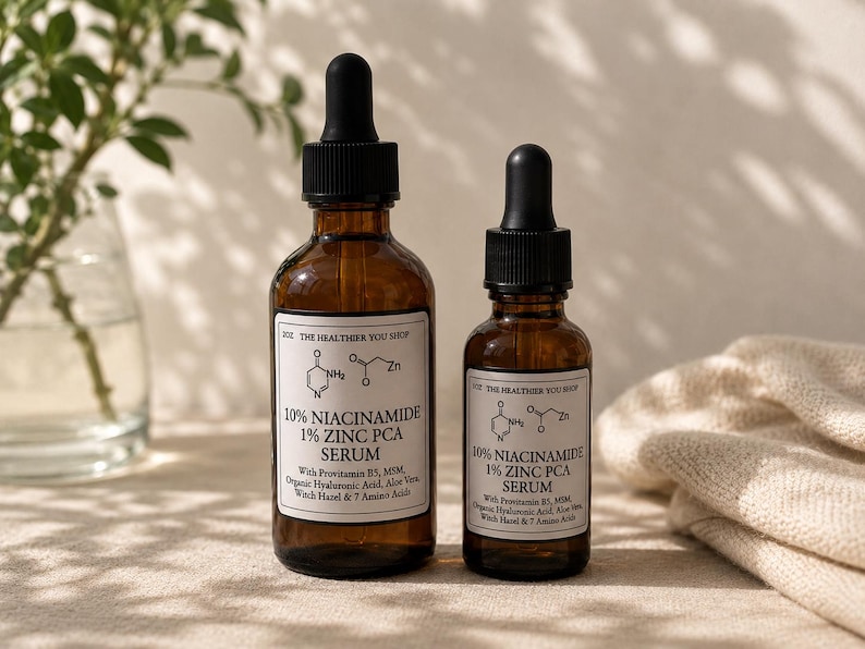 May include: Two amber glass serum bottles with black droppers. The bottles have white labels with text including "10% Niacinamide 1% Zinc PCA Serum". The background includes a plant in a glass vase and a folded beige cloth.