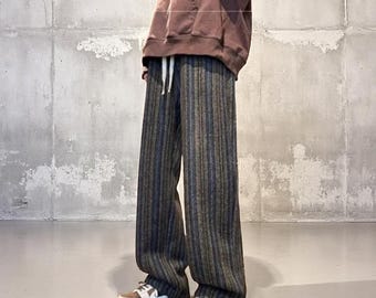 Men’s Striped Wool Pants – Y2K Vintage Baggy Trousers, Straight Leg Casual Sweatpants, High Street Retro Gym Fashion for Fall Winter