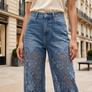 Puede incluir: Vaqueros azules de talle alto con intrincados recortes de encaje floral en la parte inferior de las piernas. Los vaqueros presentan un diseño clásico de cinco bolsillos con cierre de botón metálico y cremallera, combinando tela vaquera y encaje.