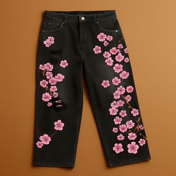 Baggy Jeans With Cherry Blossom Embroidery | Unisex Harajuku Y2K