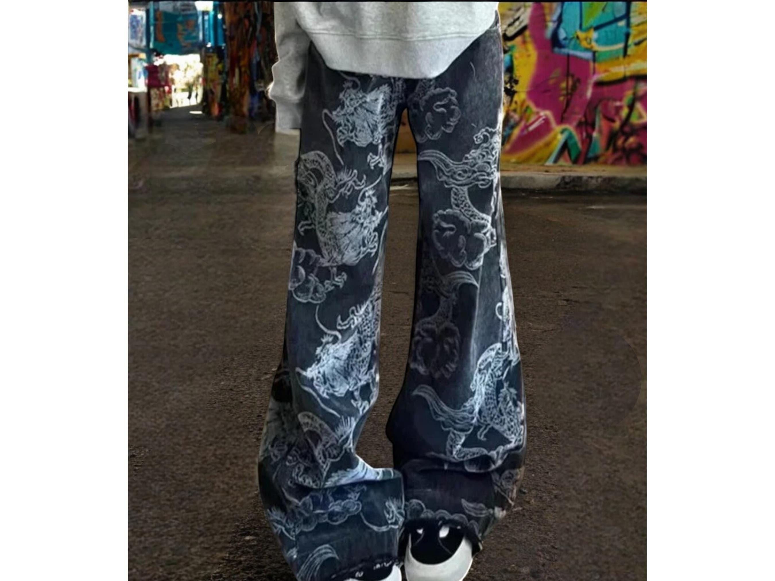 Dragon Embroidered Denim | Y2K Baggy Jeans for Women | Emo Grunge