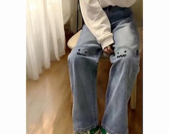 Jeans med broderat smileyansikte | Y2K-jeans med vida ben | Streetwear-jeans med hög midja | Hiphop-baggy-denim
