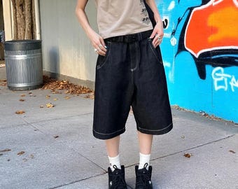 Vintage Embroidered Y2K Jorts – Baggy Women’s Black Denim Shorts, Wide Leg Hip Hop Streetwear, Grunge Knee Length Summer Shorts Trendy