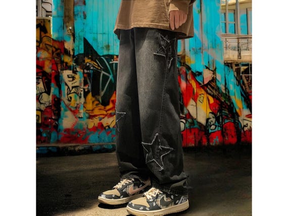 Star Patch Denim Jeans | Y2K Embroidered Baggy Pants | Casual Hip