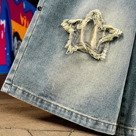 Y2K Star Denim Shorts – High Waisted Wide Leg Vintage Jeans for