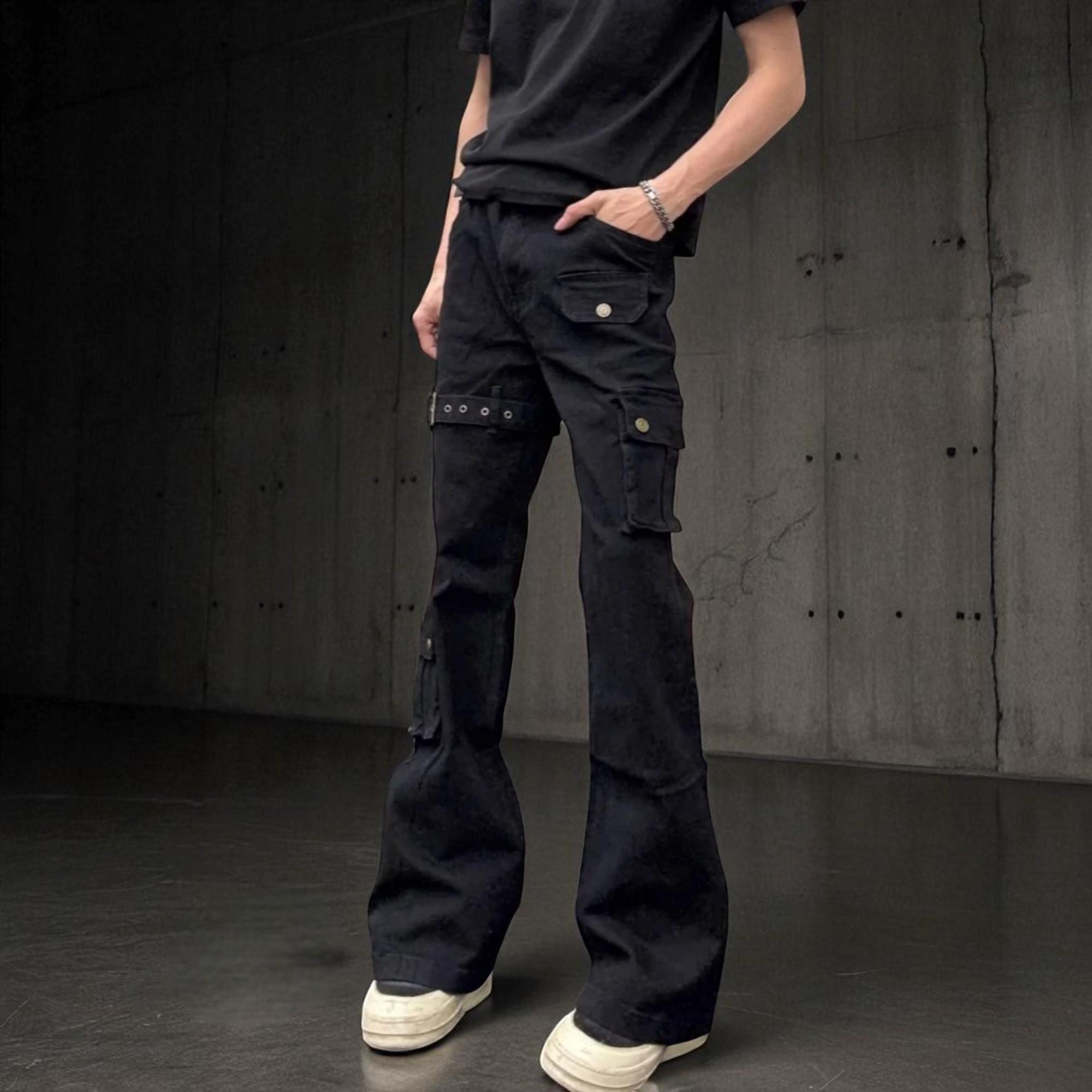 2025 Y2K Flare Cargo Jeans – Black Slim Fit Streetwear Pants